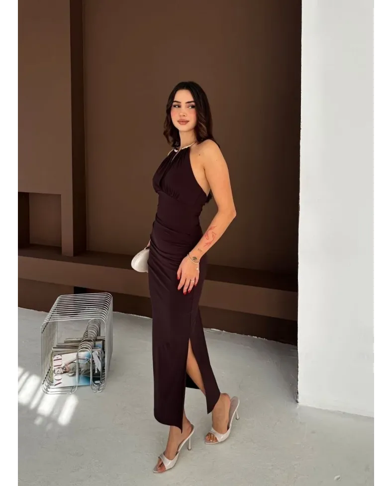 Kadın Uzun Abiye Elbise Yırtmaçlı Sırt Dekolteli Şık Gece Elbisesi - Kahverengi