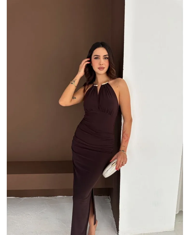 Kadın Uzun Abiye Elbise Yırtmaçlı Sırt Dekolteli Şık Gece Elbisesi - Kahverengi