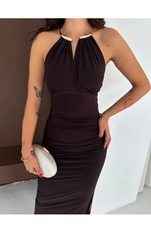 Kadın Uzun Abiye Elbise Yırtmaçlı Sırt Dekolteli Şık Gece Elbisesi - Kahverengi