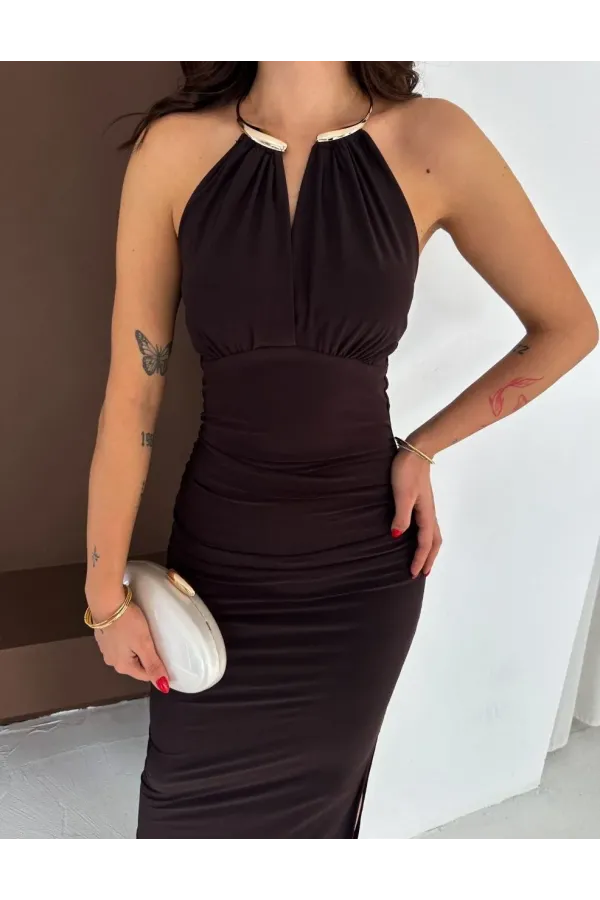 Kadın Uzun Abiye Elbise Yırtmaçlı Sırt Dekolteli Şık Gece Elbisesi - Kahverengi