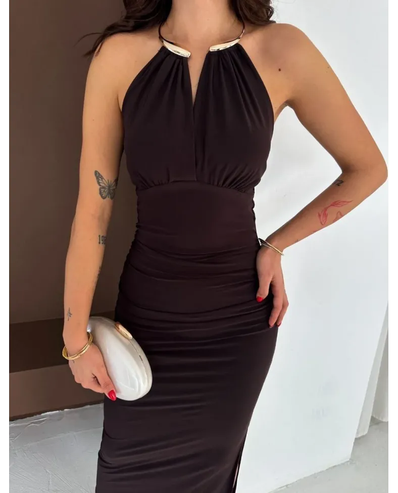 Kadın Uzun Abiye Elbise Yırtmaçlı Sırt Dekolteli Şık Gece Elbisesi - Kahverengi