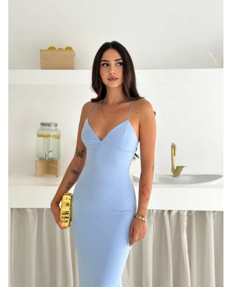 Kadın Askılı Uzun Elbise V Yaka Şık Gece Elbisesi Vücuda Oturan - Mavi