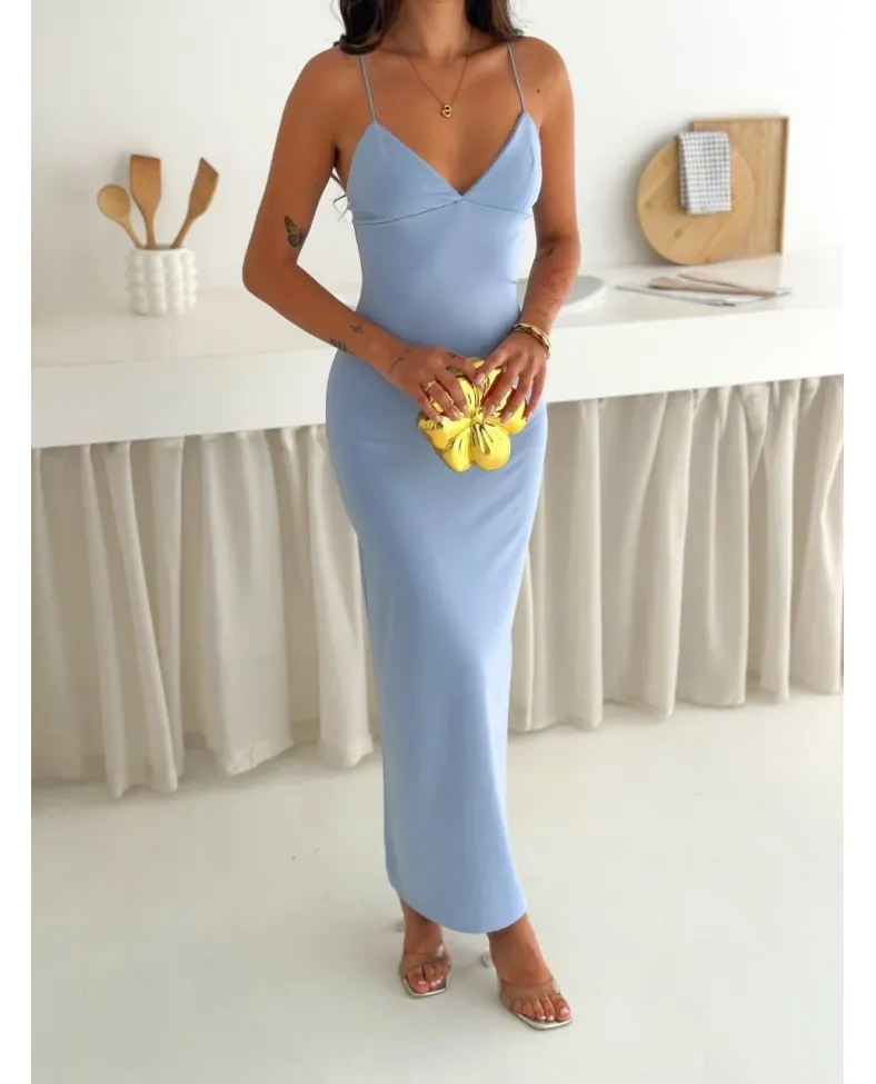Kadın Askılı Uzun Elbise V Yaka Şık Gece Elbisesi Vücuda Oturan - Mavi
