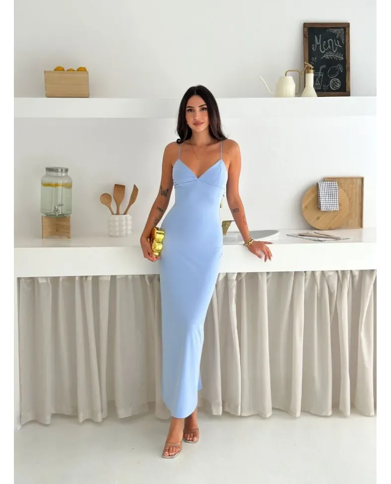 Kadın Askılı Uzun Elbise V Yaka Şık Gece Elbisesi Vücuda Oturan - Mavi