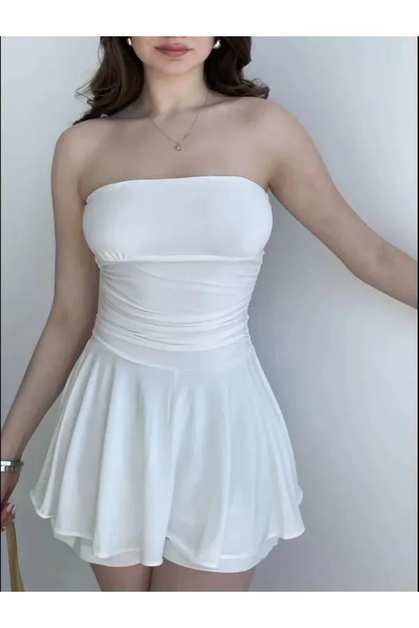 Kadın Straplez Mini Etek Görünümlü Şortlu Elbise Büzgülü Şık Yazlık - Beyaz