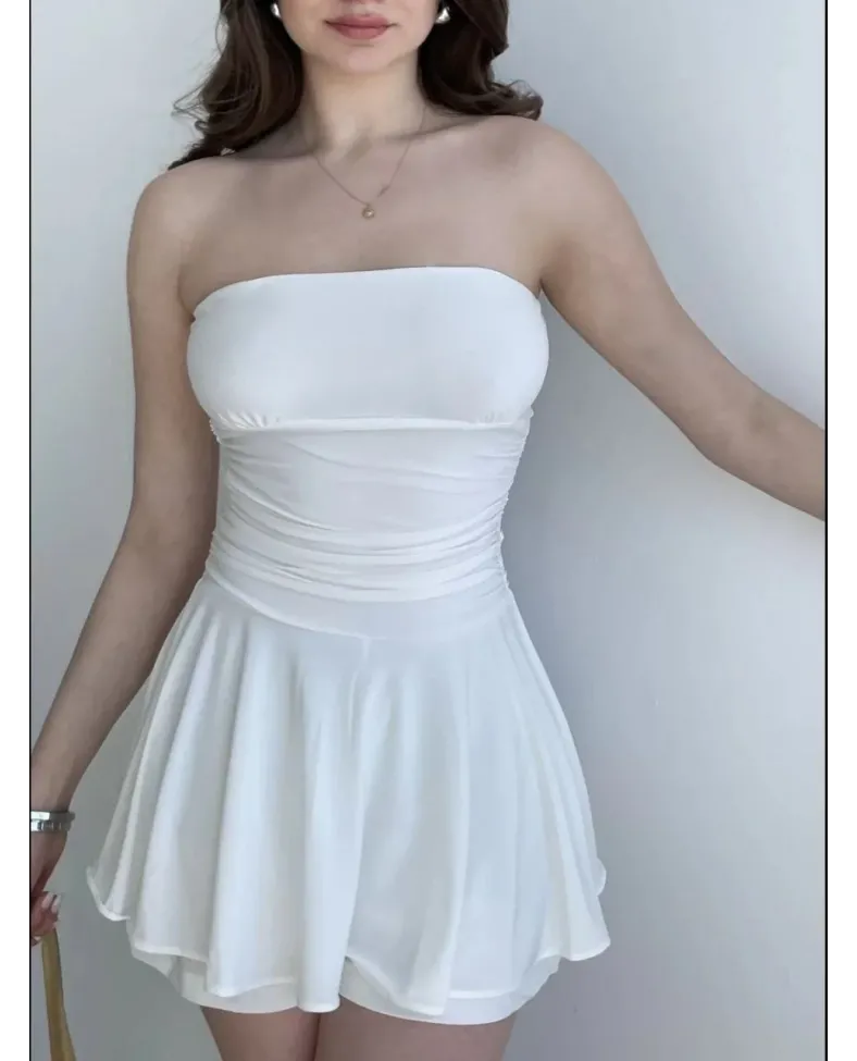 Kadın Straplez Mini Etek Görünümlü Şortlu Elbise Büzgülü Şık Yazlık - Beyaz