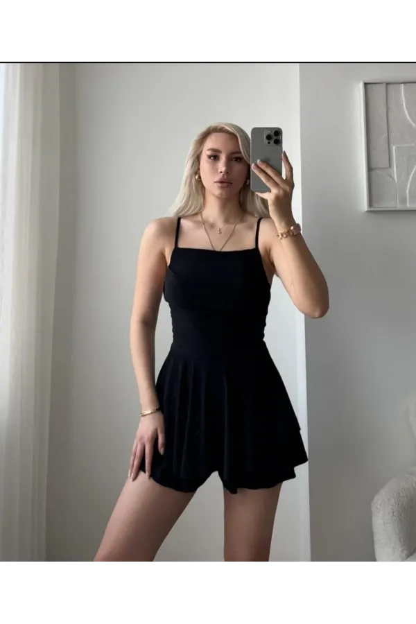 Kadın Straplez Mini Etek Görünümlü Şortlu Elbise Büzgülü Şık Yazlık - Siyah