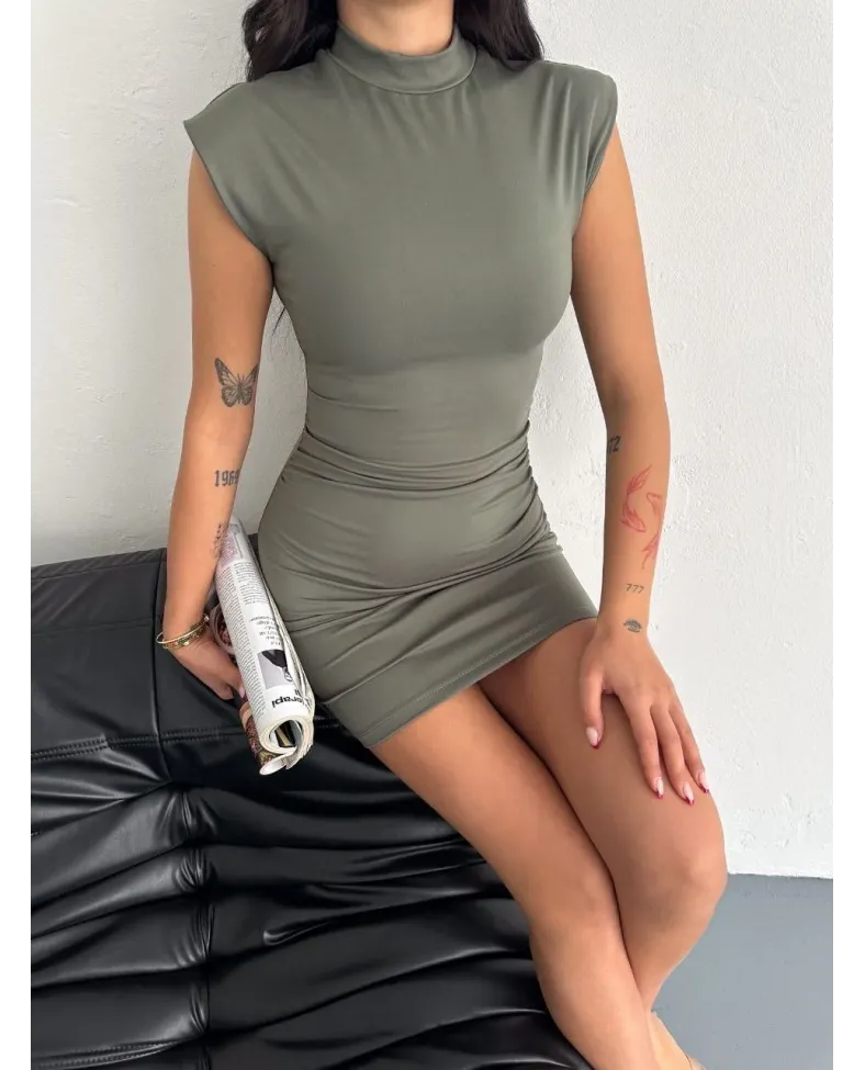 Kadın Mini Elbise Yarım Balıkçı Yaka Vücuda Oturan Şık Günlük Elbise - Mint Yeşili