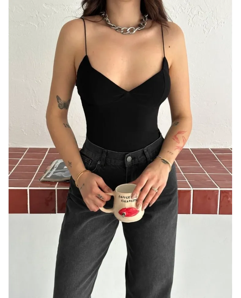 Kadın Derin Dekolte Askılı Body Sırt Dekolteli Şık Kolsuz Yazlık Bodysuit - Siyah