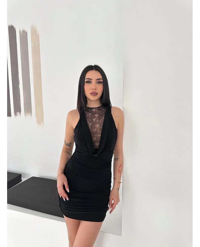 Kadın Dantel Detaylı Derin Dekolte Drapeli Mini Elbise Şık Kolsuz - Siyah