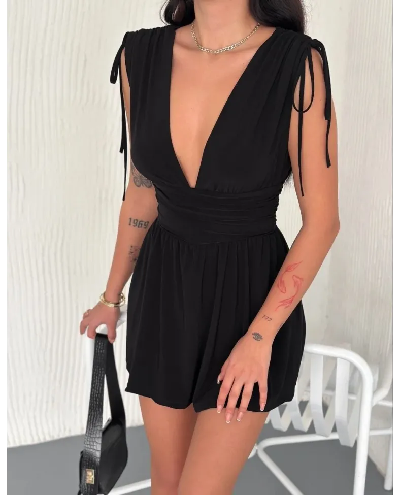 Kadın Derin V Yaka Etek Görünümlü Şortlu Elbise Drapeli Mini Yazlık - Siyah