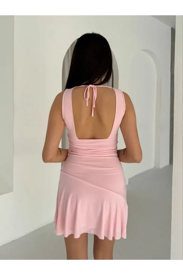 Kadın Derin V Yaka Sırt Dekolteli Mini Elbise Drapeli Şık Kolsuz - Pembe