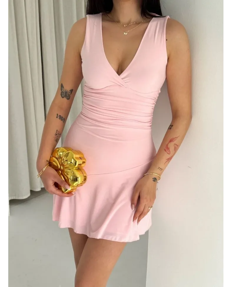Kadın Derin V Yaka Sırt Dekolteli Mini Elbise Drapeli Şık Kolsuz - Pembe