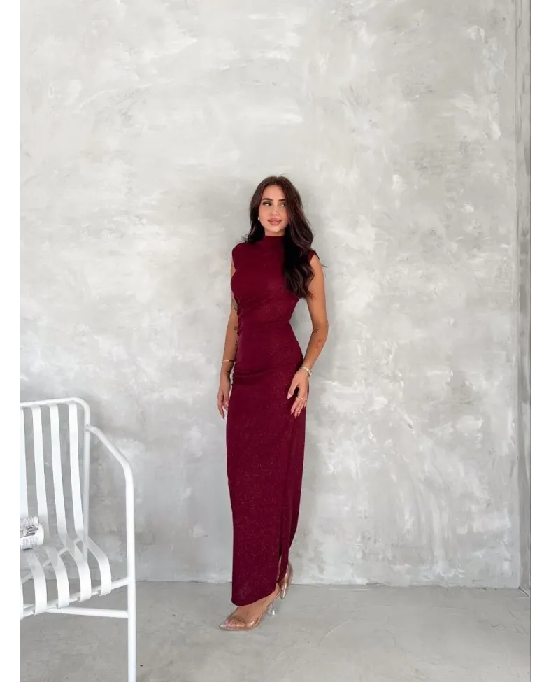 Kadın Likralı Simli Kumaş Yandan Yırtmaçlı Uzun Elbise Şık Kolsuz Abiye - Bordo