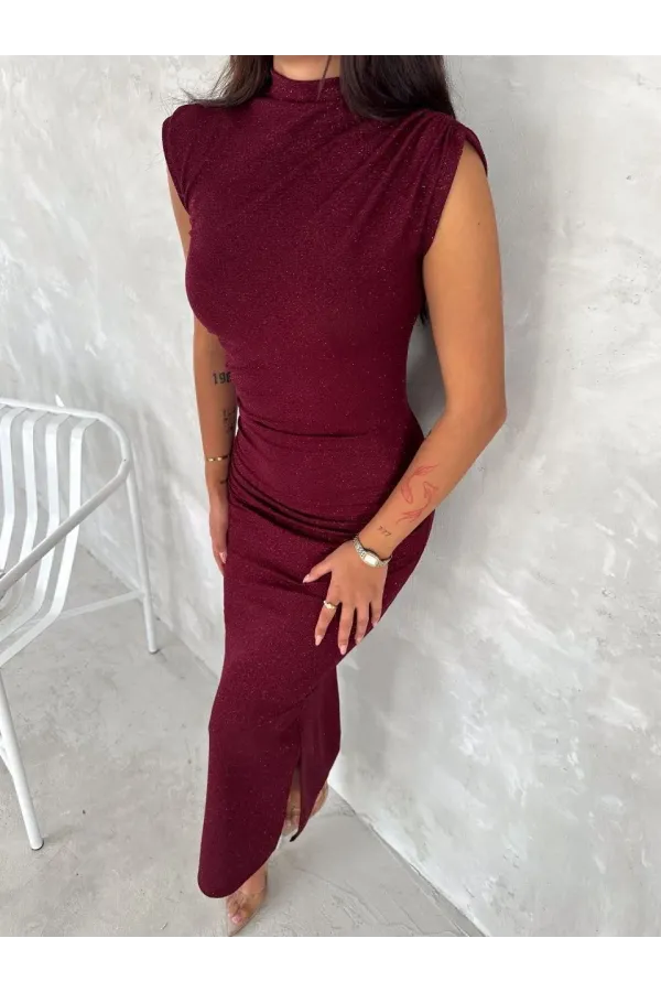 Kadın Likralı Simli Kumaş Yandan Yırtmaçlı Uzun Elbise Şık Kolsuz Abiye - Bordo