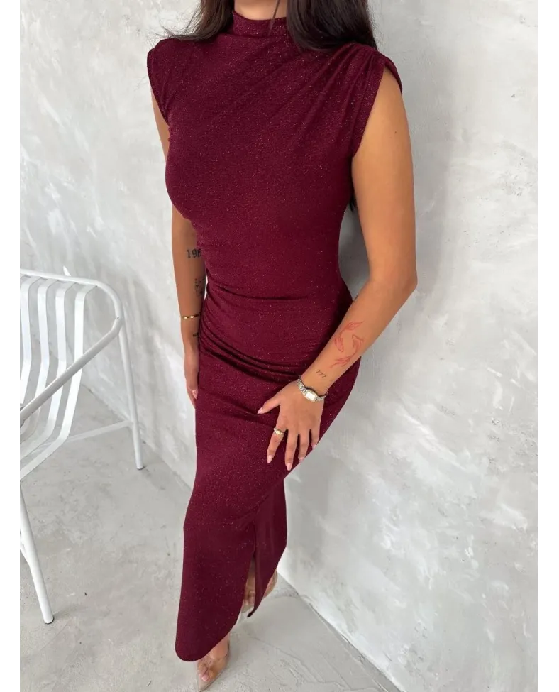 Kadın Likralı Simli Kumaş Yandan Yırtmaçlı Uzun Elbise Şık Kolsuz Abiye - Bordo