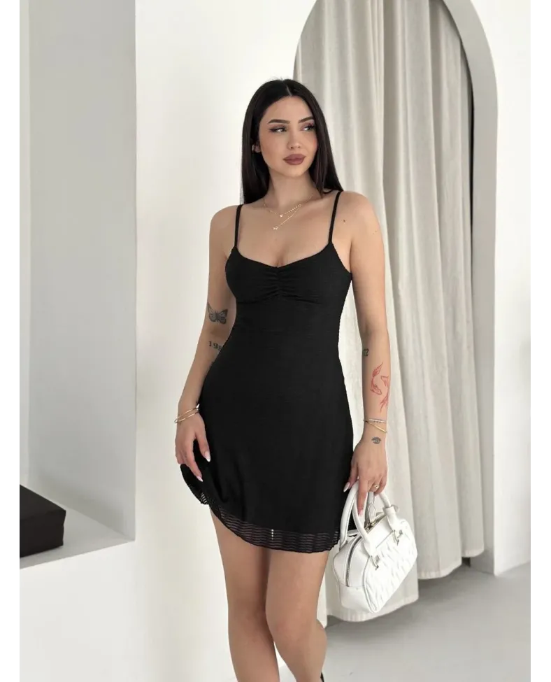 Kadın Askılı Mini Elbise Drapeli Göğüs Detay Likralı Yazlık Fit - Siyah