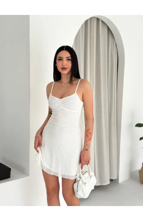 Kadın Askılı Mini Elbise Drapeli Göğüs Detay Likralı Yazlık Fit - Beyaz