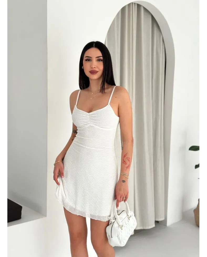 Kadın Askılı Mini Elbise Drapeli Göğüs Detay Likralı Yazlık Fit - Beyaz