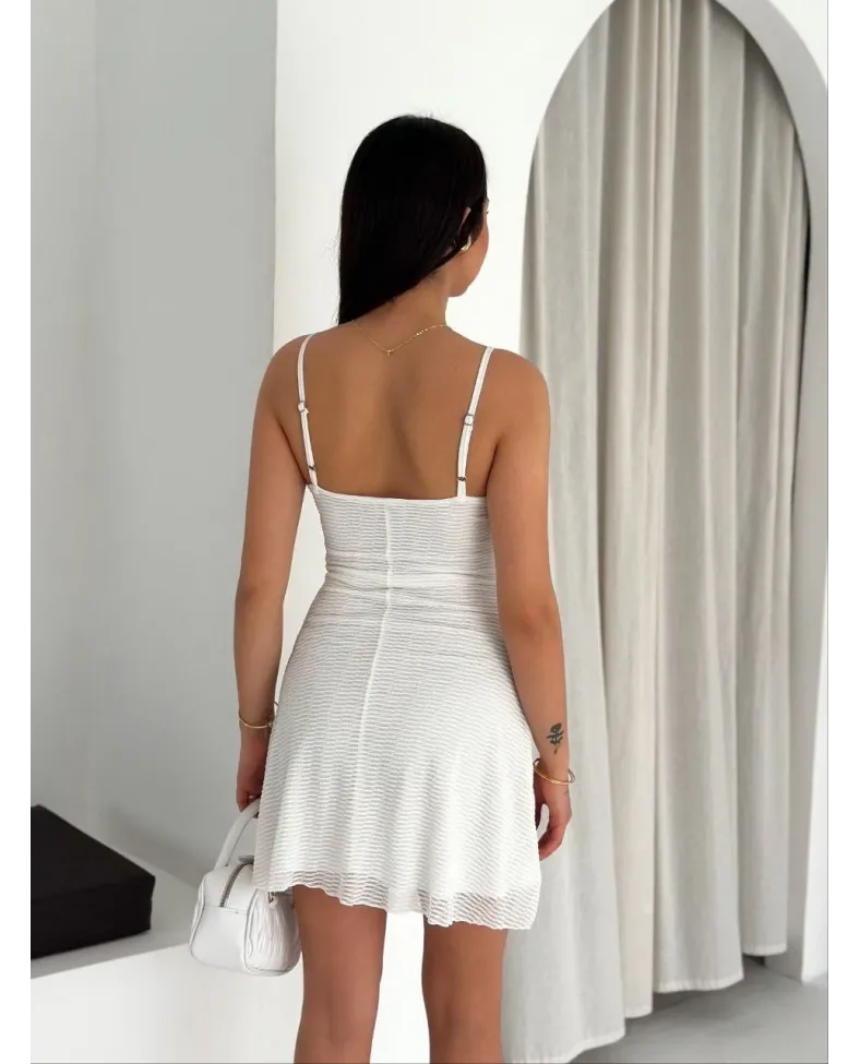 Kadın Askılı Mini Elbise Drapeli Göğüs Detay Likralı Yazlık Fit - Beyaz