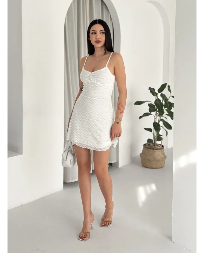 Kadın Askılı Mini Elbise Drapeli Göğüs Detay Likralı Yazlık Fit - Beyaz