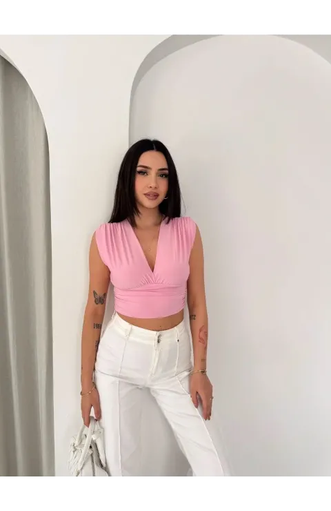 Kadın Vatkalı Kolsuz V Yaka Drapeli Crop Bluz Likralı Fit - Pembe