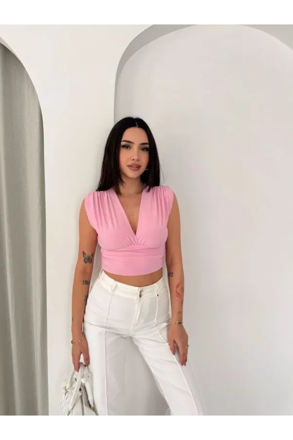 Kadın Vatkalı Kolsuz V Yaka Drapeli Crop Bluz Likralı Fit - Pembe