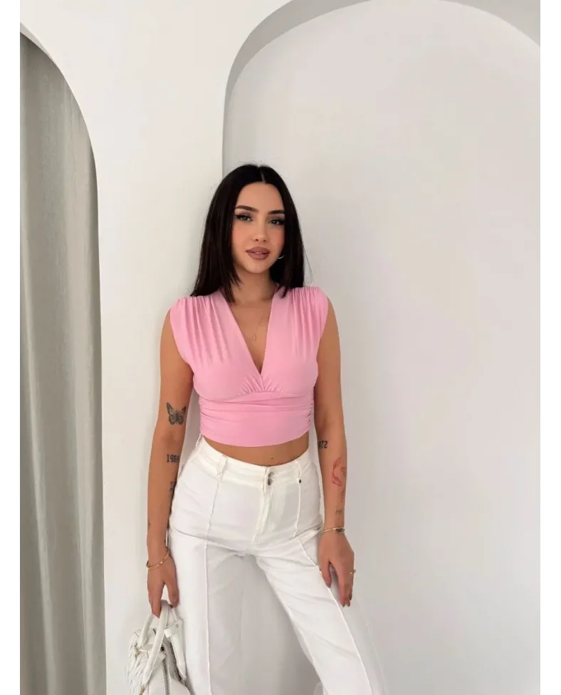 Kadın Vatkalı Kolsuz V Yaka Drapeli Crop Bluz Likralı Fit - Pembe