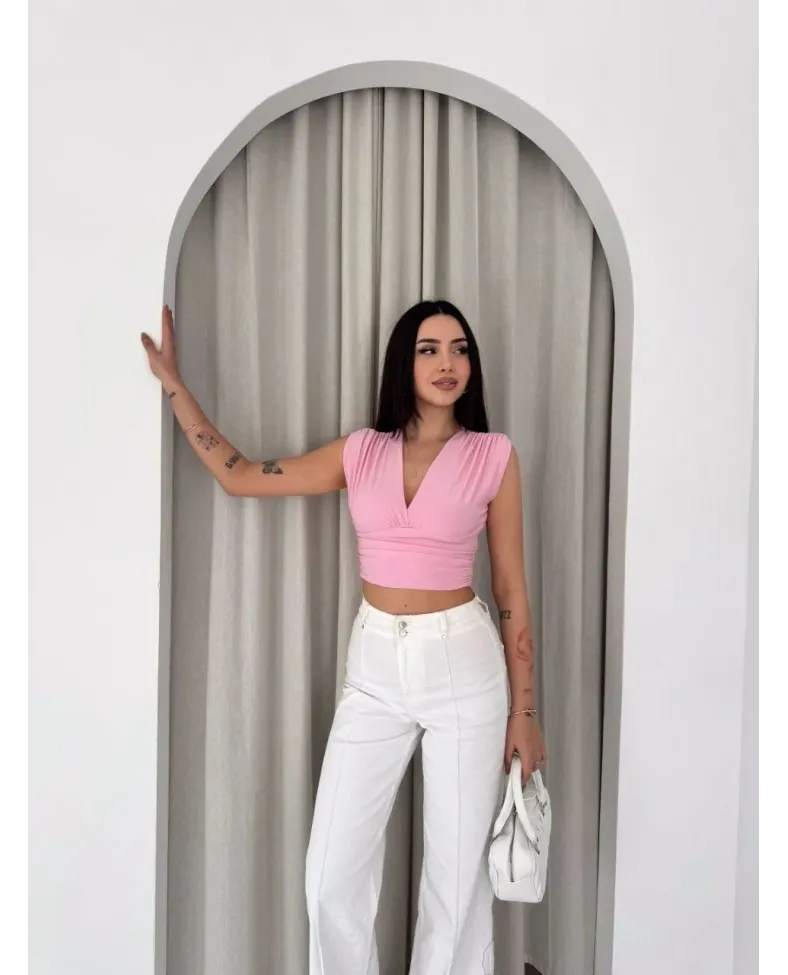Kadın Vatkalı Kolsuz V Yaka Drapeli Crop Bluz Likralı Fit - Pembe