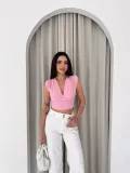 Kadın Vatkalı Kolsuz V Yaka Drapeli Crop Bluz Likralı Fit - Pembe