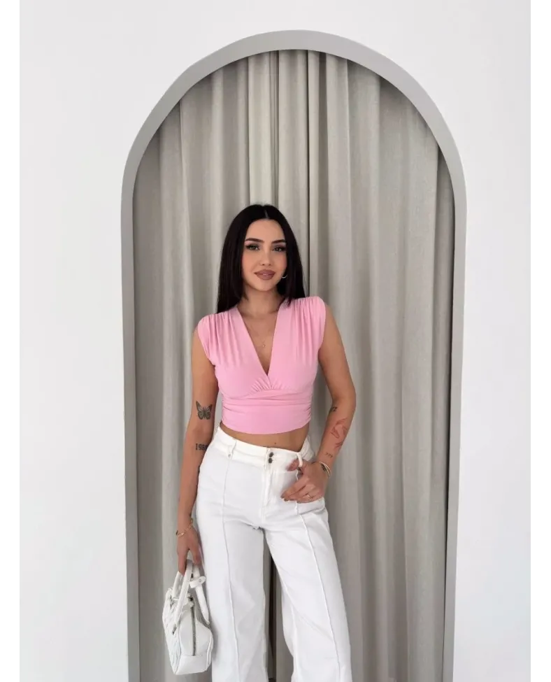 Kadın Vatkalı Kolsuz V Yaka Drapeli Crop Bluz Likralı Fit - Pembe