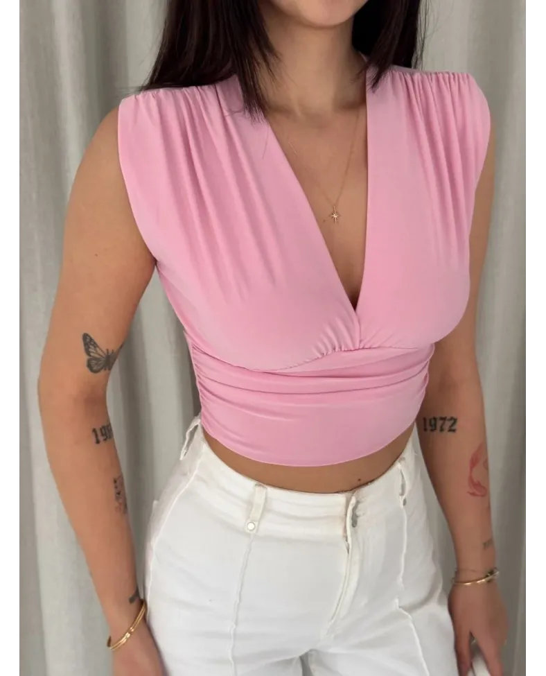 Kadın Vatkalı Kolsuz V Yaka Drapeli Crop Bluz Likralı Fit - Pembe