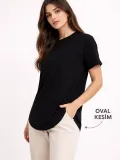 Kadın Basic T-Shirt Kısa Kol Bisiklet Yaka Oval Kesim Tişört - Siyah