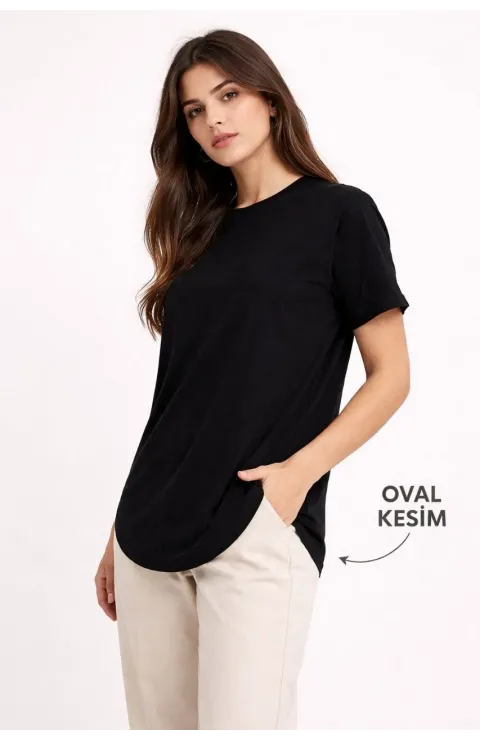 Kadın Basic T-Shirt Kısa Kol Bisiklet Yaka Oval Kesim Tişört - Siyah