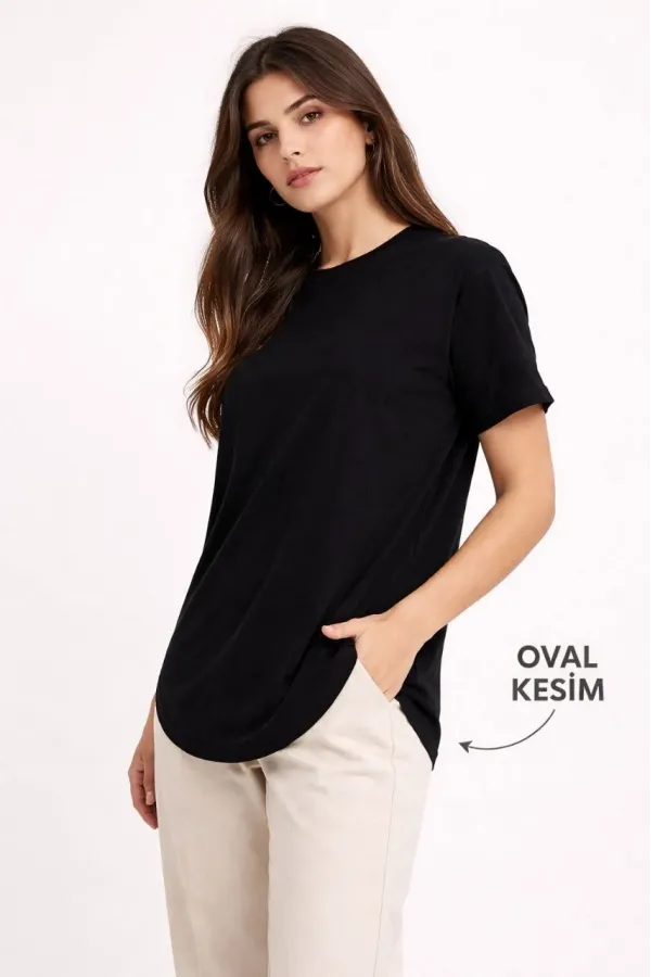 Kadın Basic T-Shirt Kısa Kol Bisiklet Yaka Oval Kesim Tişört - Siyah