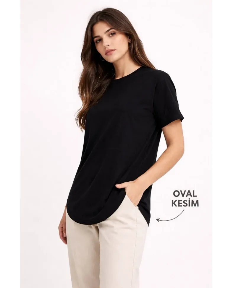 Kadın Basic T-Shirt Kısa Kol Bisiklet Yaka Oval Kesim Tişört - Siyah