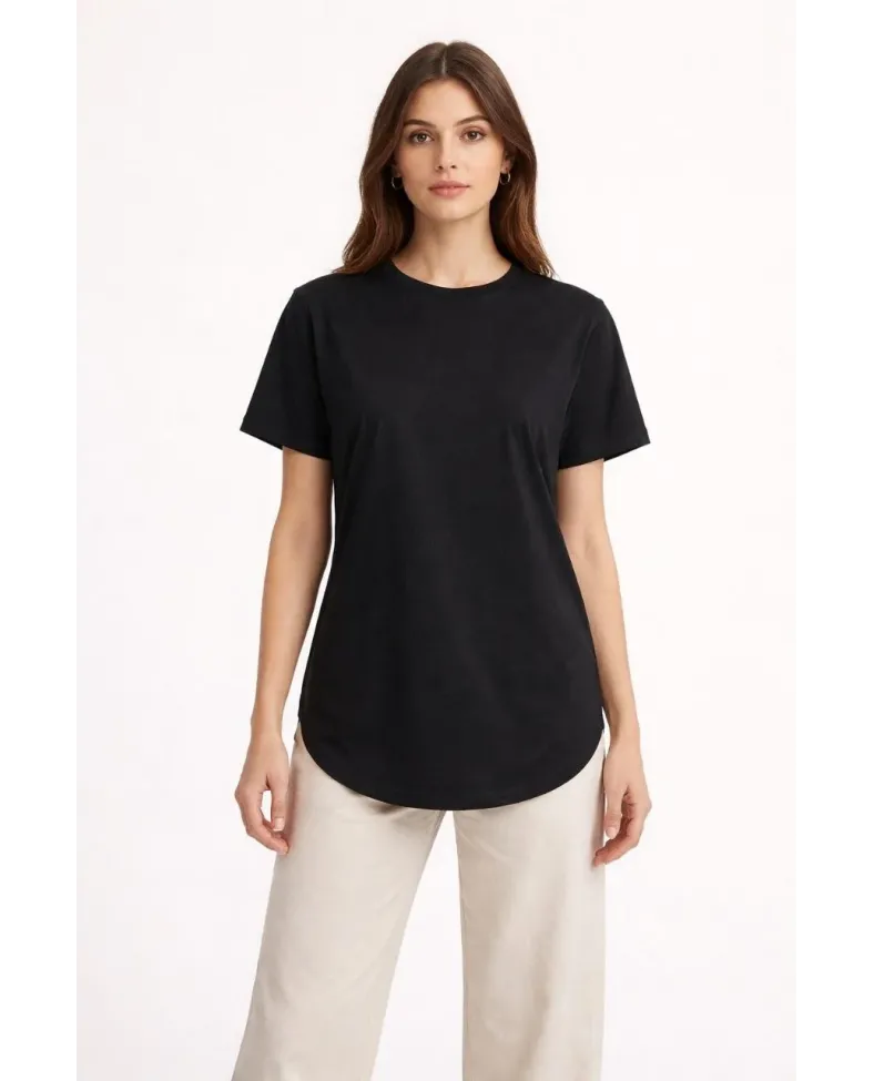 Kadın Basic T-Shirt Kısa Kol Bisiklet Yaka Oval Kesim Tişört - Siyah