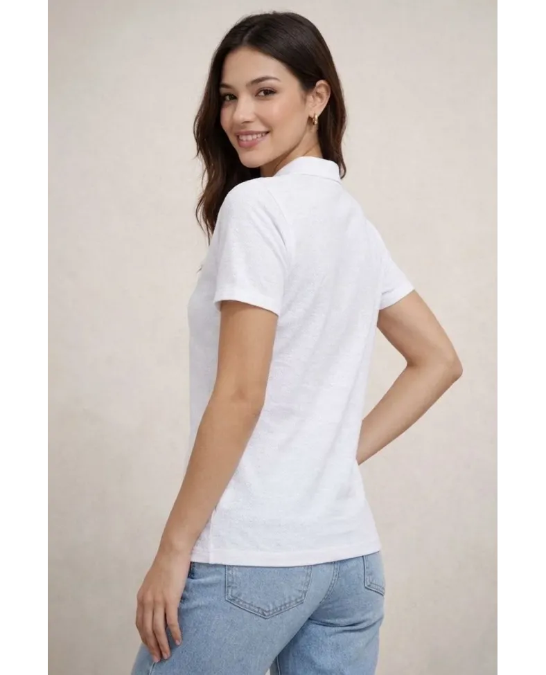 Kadın Polo Yaka Pike Kumaş Düğmeli Basic Tişört T-Shirt Günlük Rahat - Beyaz