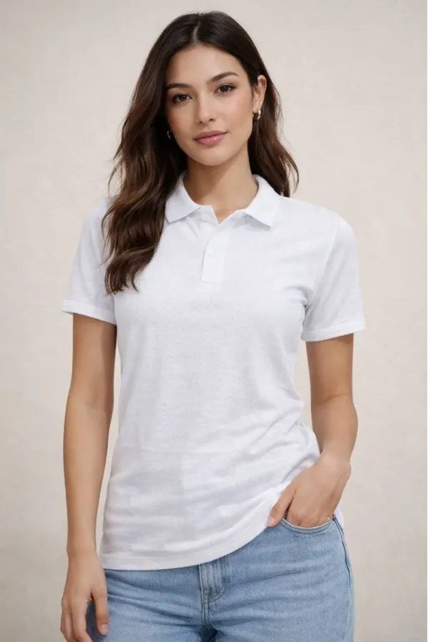 Kadın Polo Yaka Pike Kumaş Düğmeli Basic Tişört T-Shirt Günlük Rahat - Beyaz