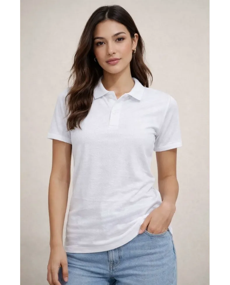 Kadın Polo Yaka Pike Kumaş Düğmeli Basic Tişört T-Shirt Günlük Rahat - Beyaz