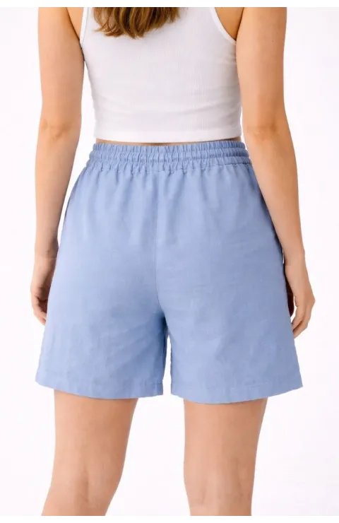Kadın Keten Kumaş Cepli Rahat Kesim Bel Lastikli Şort - Mavi