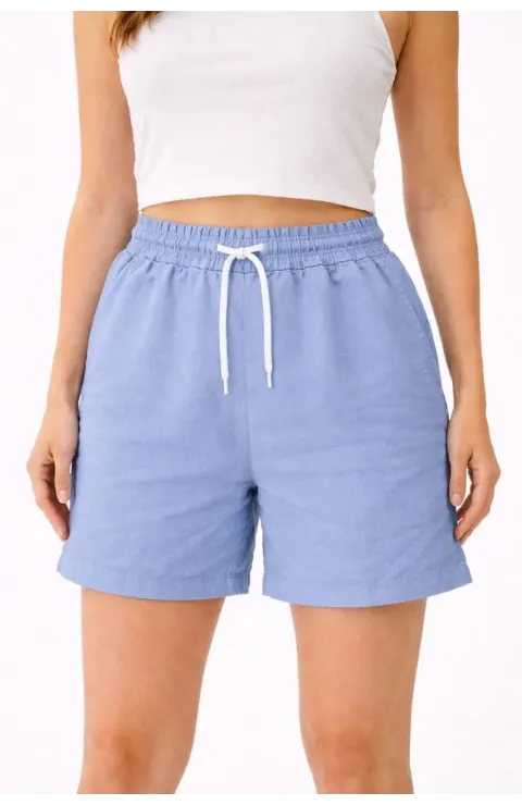 Kadın Keten Kumaş Cepli Rahat Kesim Bel Lastikli Şort - Mavi