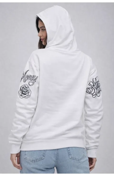 Kadın 3 İplik Pamuklu Kapüşonlu Baskılı SweatShirt hoodie - Beyaz