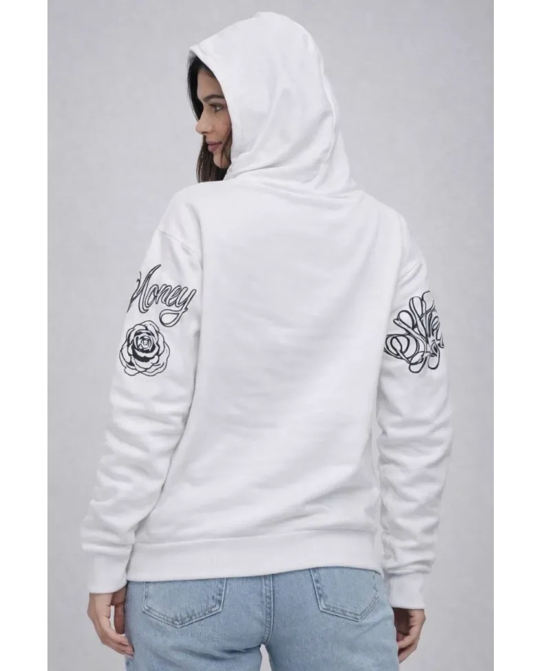 Kadın 3 İplik Pamuklu Kapüşonlu Baskılı SweatShirt hoodie - Beyaz