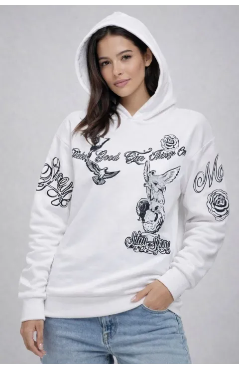 Kadın 3 İplik Pamuklu Kapüşonlu Baskılı SweatShirt hoodie - Beyaz