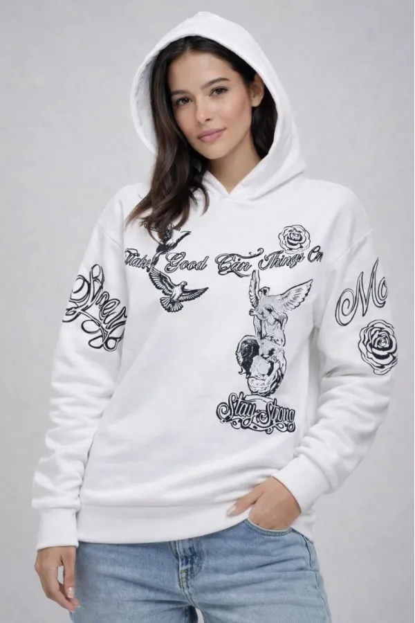 Kadın 3 İplik Pamuklu Kapüşonlu Baskılı SweatShirt hoodie - Beyaz