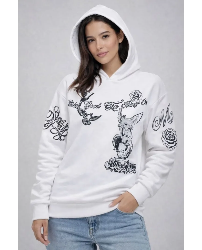 Kadın 3 İplik Pamuklu Kapüşonlu Baskılı SweatShirt hoodie - Beyaz