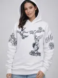 Kadın 3 İplik Pamuklu Kapüşonlu Baskılı SweatShirt hoodie - Beyaz
