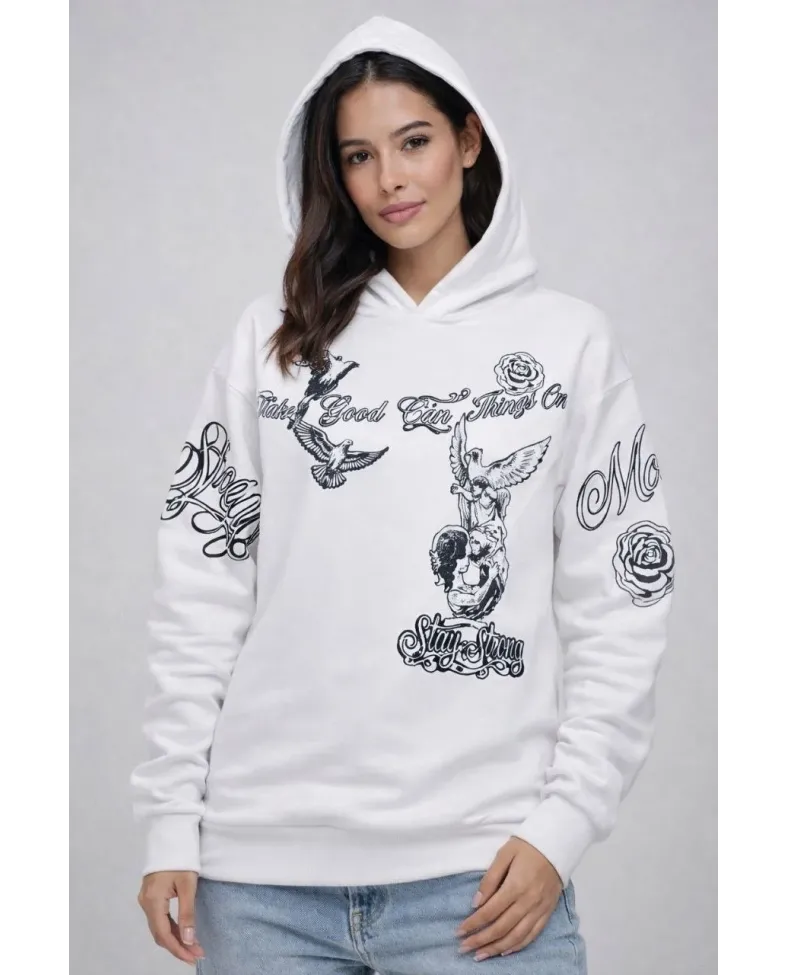 Kadın 3 İplik Pamuklu Kapüşonlu Baskılı SweatShirt hoodie - Beyaz