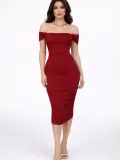 Kadın Madonna Yaka Drapeli Midi Elbise Likralı Vücuda Oturan Davet Elbisesi - Bordo